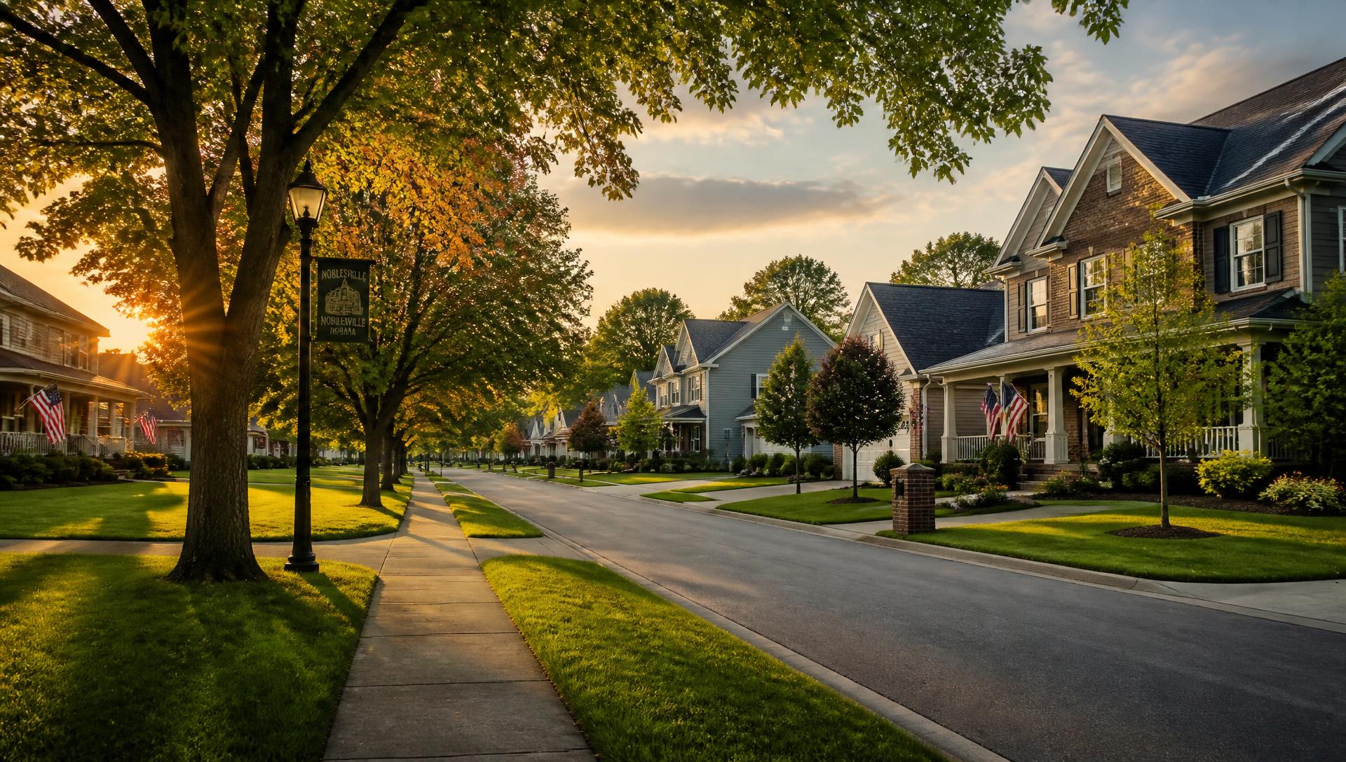 Tree-lined suburban street of family homes at sunset